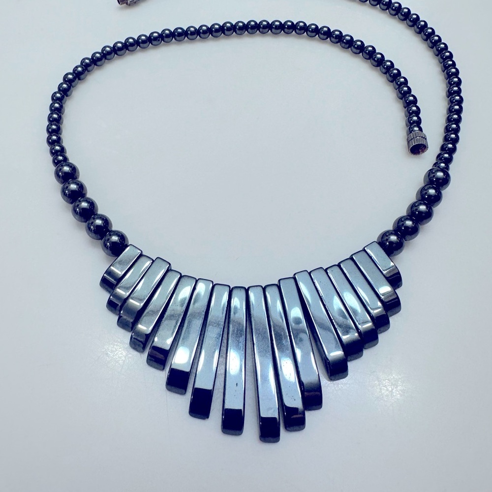 19 inch vintage hematite necklace with twist clasp